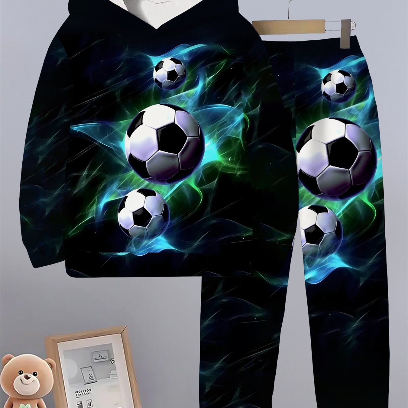 Image of Soccer Pattern Hoodie Set Autumn Winter Casual Pullover And Long Pants 2pcs Set Children Boys Shiny Sports Sweatshirt Set, For Outdoor