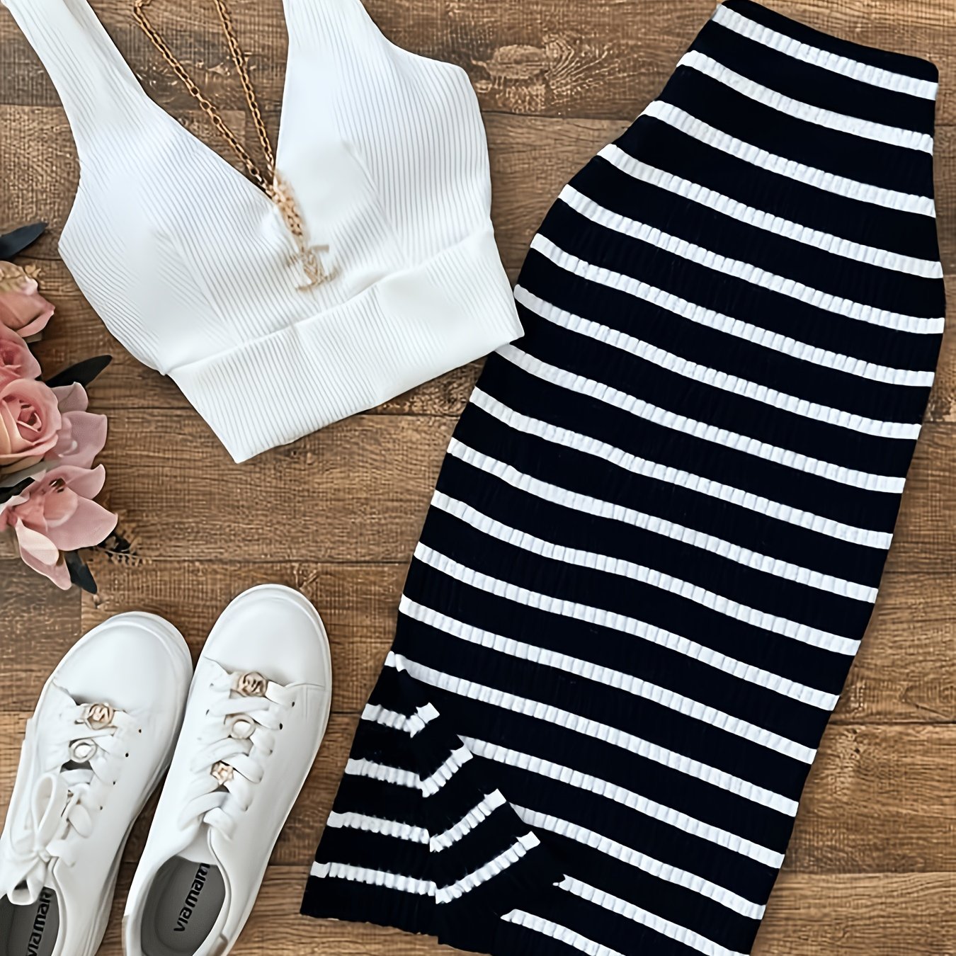 TEMU Women's Summer White Ribbed Top With A Black And White Striped Split Skirt, A Casual Outfit For Ladies