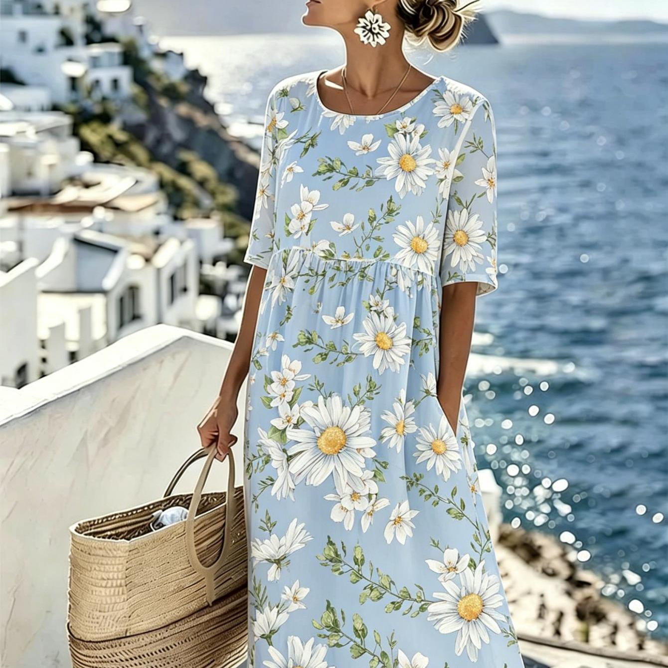 2026 Summer Women's Floral Print Dress, Casual With . Suitable For Beach Vacations, Summer Parties, Daily Wear, And Weekend City . Made Of Machine-washable Fabric