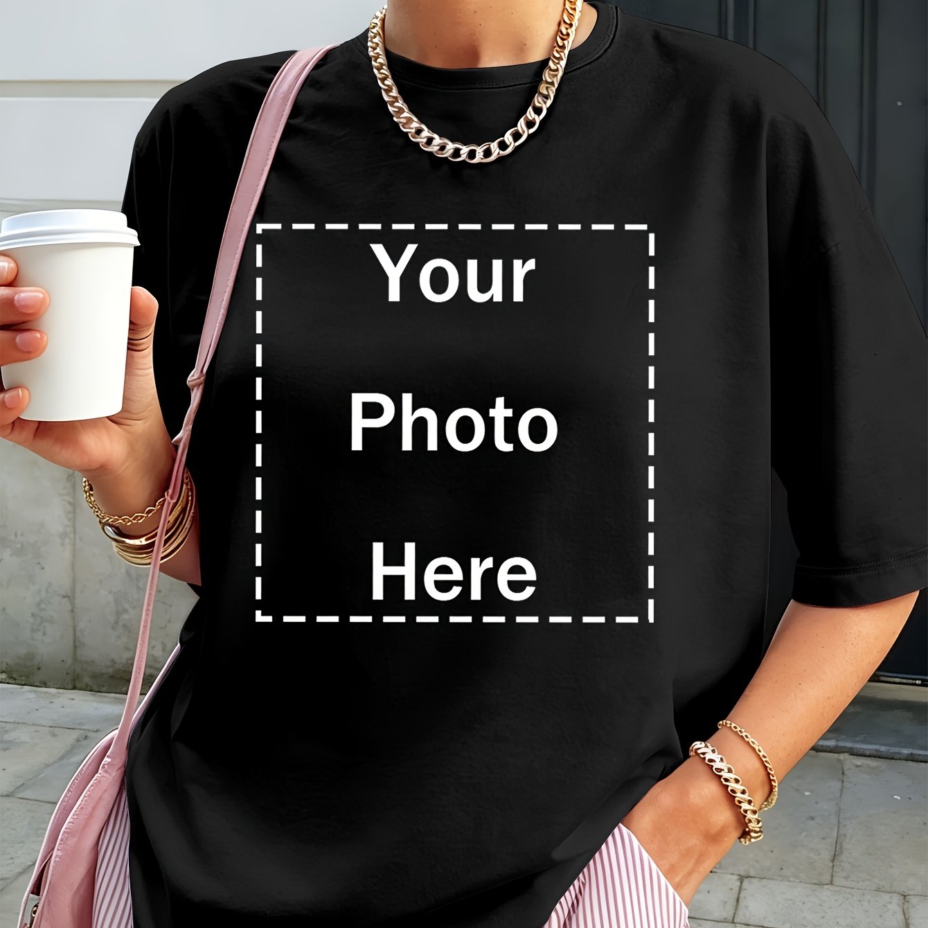 TEMU Customized Short-sleeve Women's T-shirt With Personalized Photos And Text Prints, New 2026 Spring/summer Collection, Crew Neck Casual Versatile