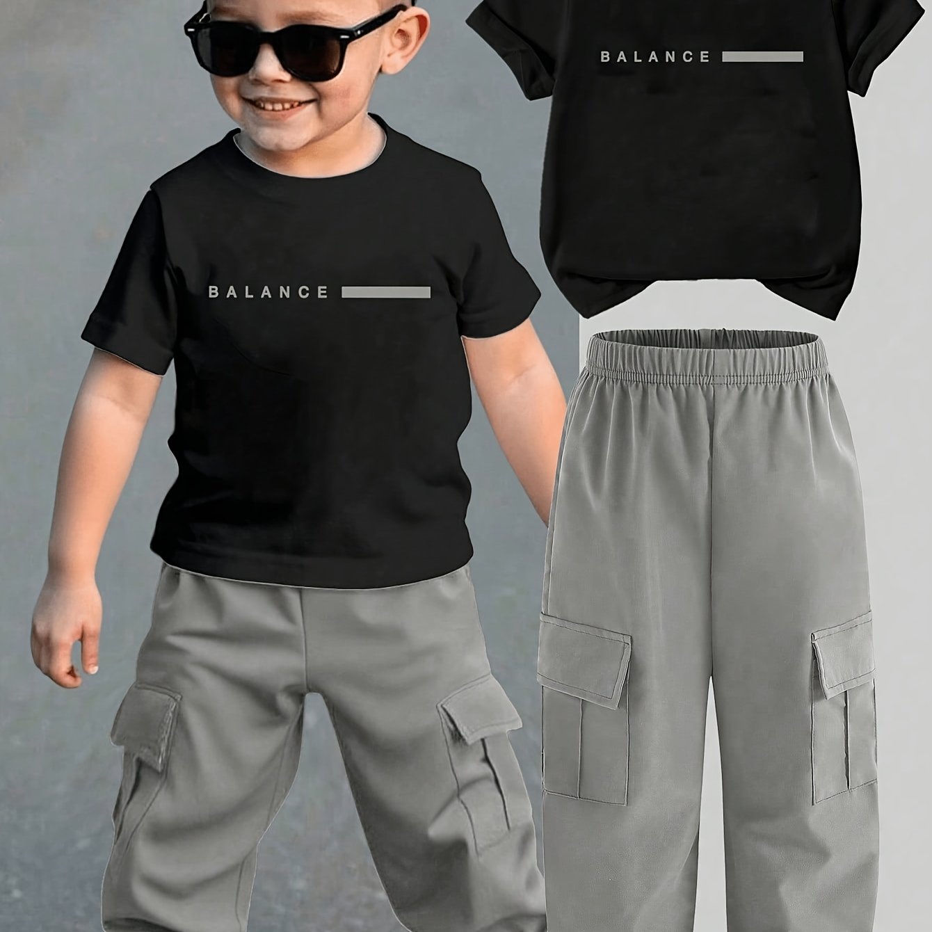 TEMU Children's Short-sleeve Set: Simple Letter Print T-shirt And Cargo Jogger Pants 2pcs Set, Casual Sportswear For Toddlers And Young Children,