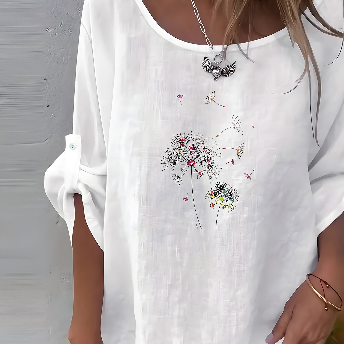 E-shop Europäisches Amerikanisches Damen-Shirt mit einfachem kreativem Druck, lässiges Rundhals-Langarmhemd, Einteiliges Damen-Shirt, elegantes