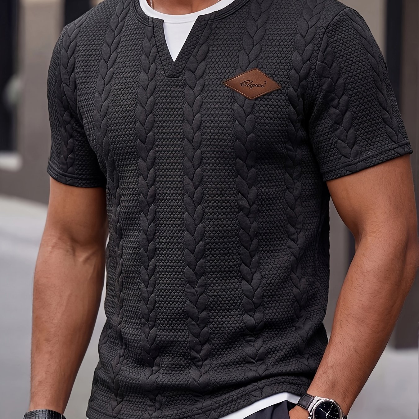 E-shop Herren-Mode-Top, Freizeit-Henley-Shirt für den Außenbereich für Frühling/Sommer, strukturierter Jacquard-Stoff, Kurzarm-Henley-Shirt für Herren