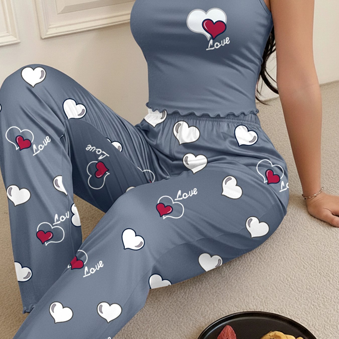 Image of Letter "love" Print Spaghetti Strap Tank Top And Long Pants Pajama Set, , Perfect For , Perfect For Casual Attire, Casual Wear|heart Pattern Top|spaghetti Strap Top
