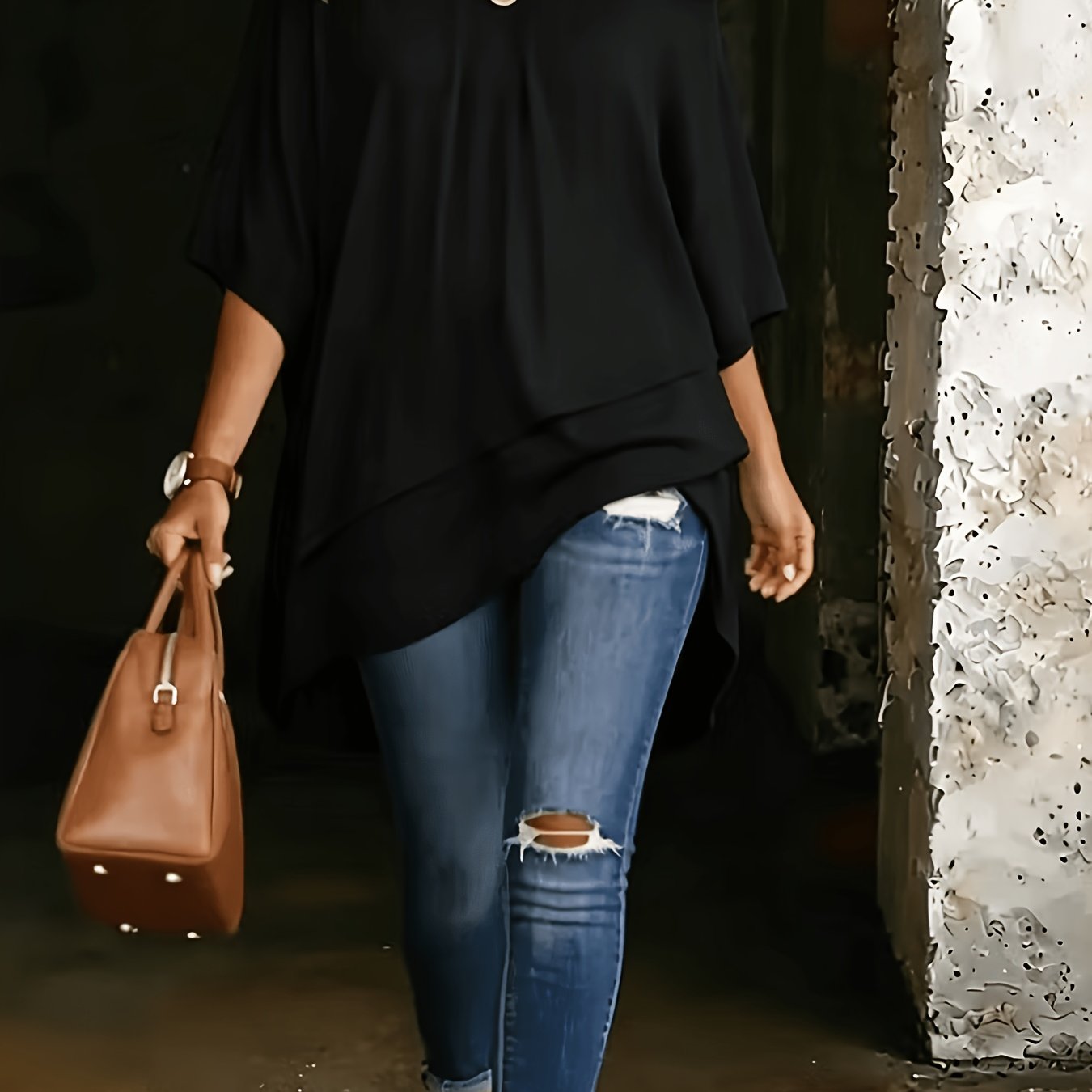 TEMU Plus Size, Women's Plus Size Off-shoulder Top, Elegant, Comfortable, And Simple Solid Color Plus Size Women's Off-shoulder Three-quarter Sleeve