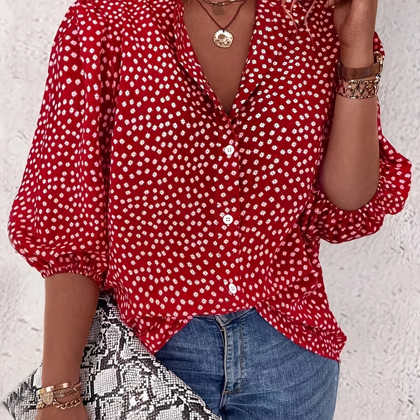 TEMU Women's Vintage Floral Lantern Sleeve Shirt, Casual Button-up Commuter Top, /summer Style