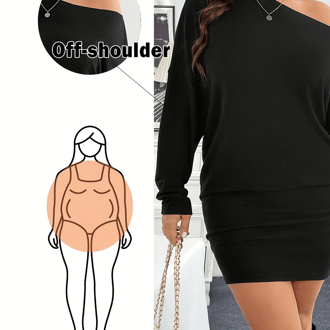 TEMU Plus Size - Women's Off-shoulder Dress, Black , Fashionable Casual Comfortable Wear