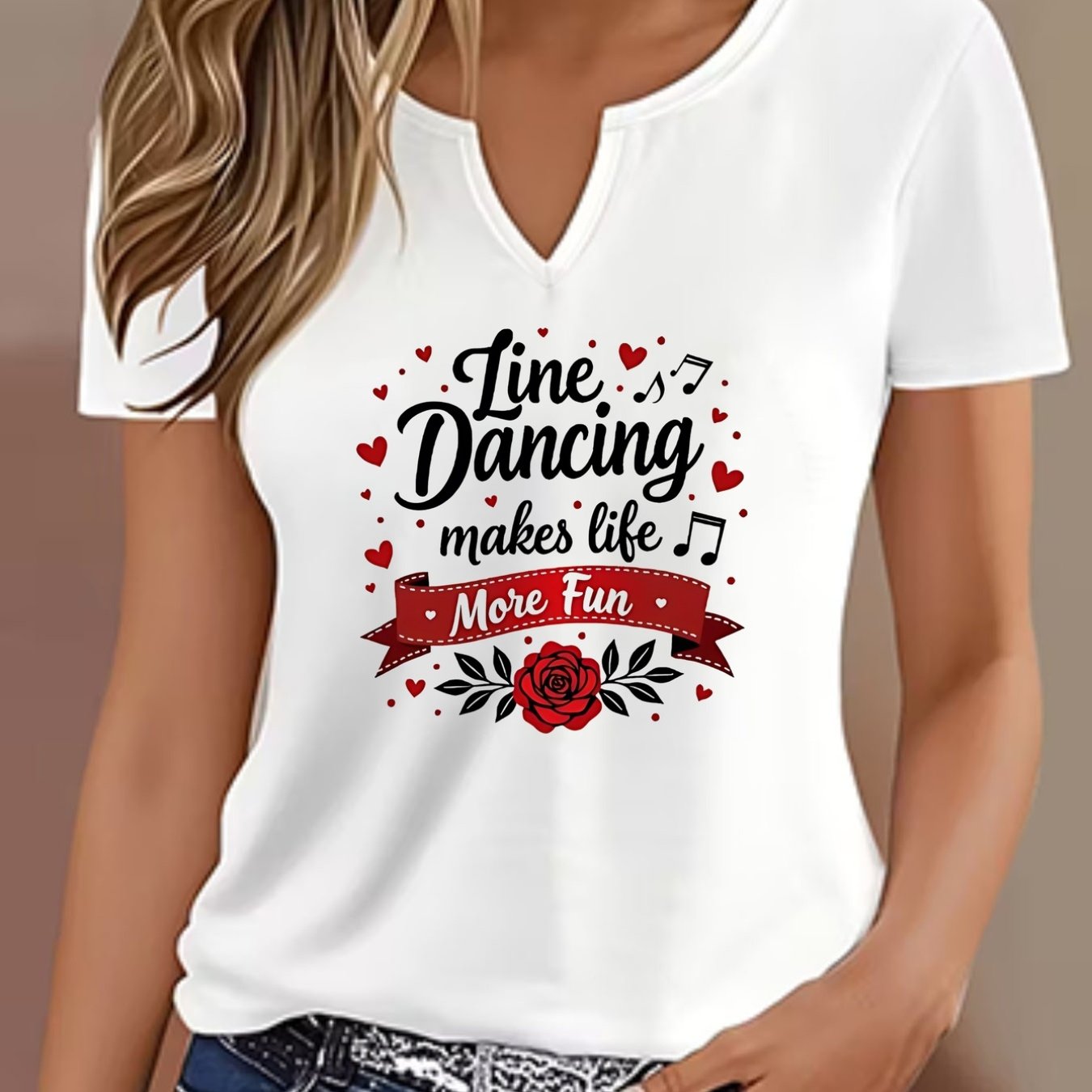TEMU Women's Casual Printed T-shirt - Soft Breathable Fabric, Line Dancing, Making , Regular Fit V-neck, Machine Washable Top, Casual Wear, Fashion