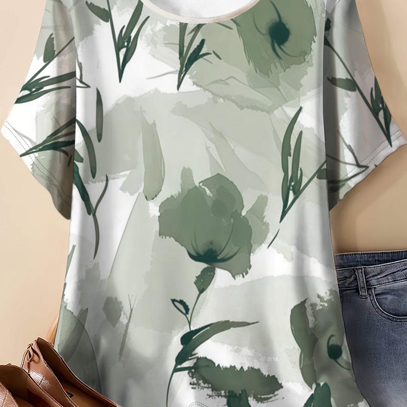 TEMU Women' Full-body Floral Print T-shirt - Loose Fit Round Neck Short Sleeve Blouse Suitable For Casual, Office & Casual Attire | Breathable -