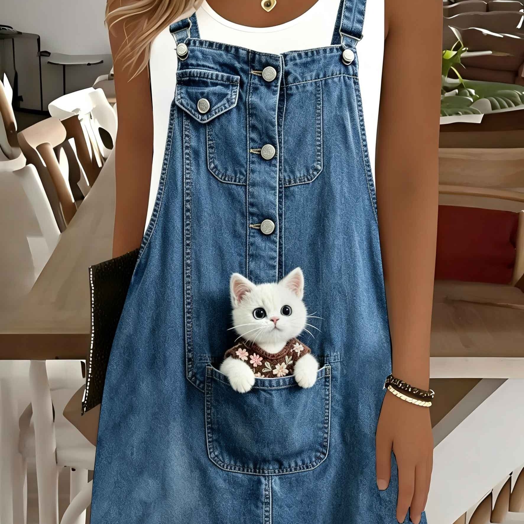 TEMU Printed Design - Non-real Texture Women's Plus Size Denim Overalls Dress Printed Sleeveless T-shirt, 2-in-1 Look Print, Pocket With Cute Little