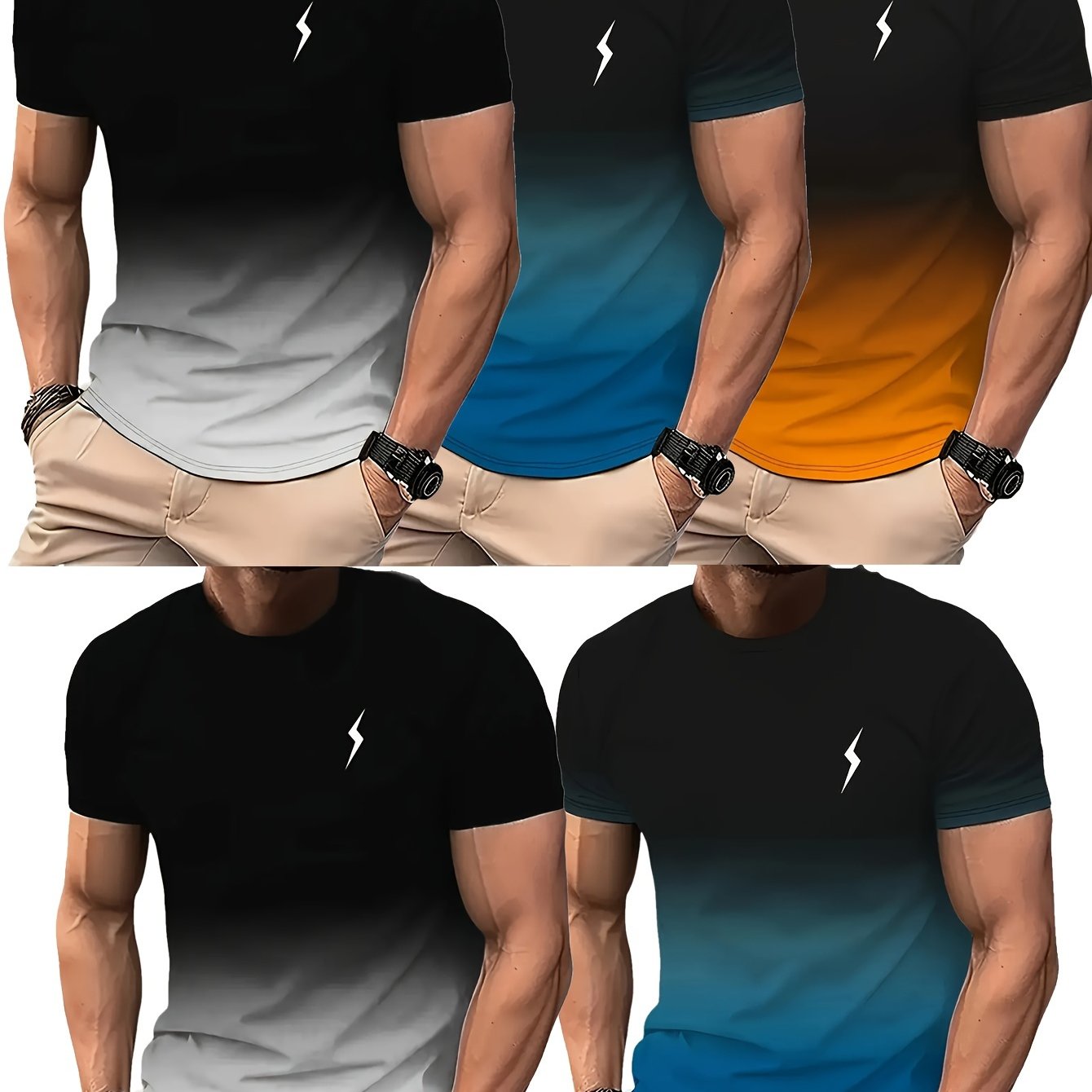 Image of 5pcs Men's Gradient Color And Lightning Pattern Print Crew Neck And Short Sleeve T-shirt For Summer Leisurewear, Stretchable And Comfy Tops For Men