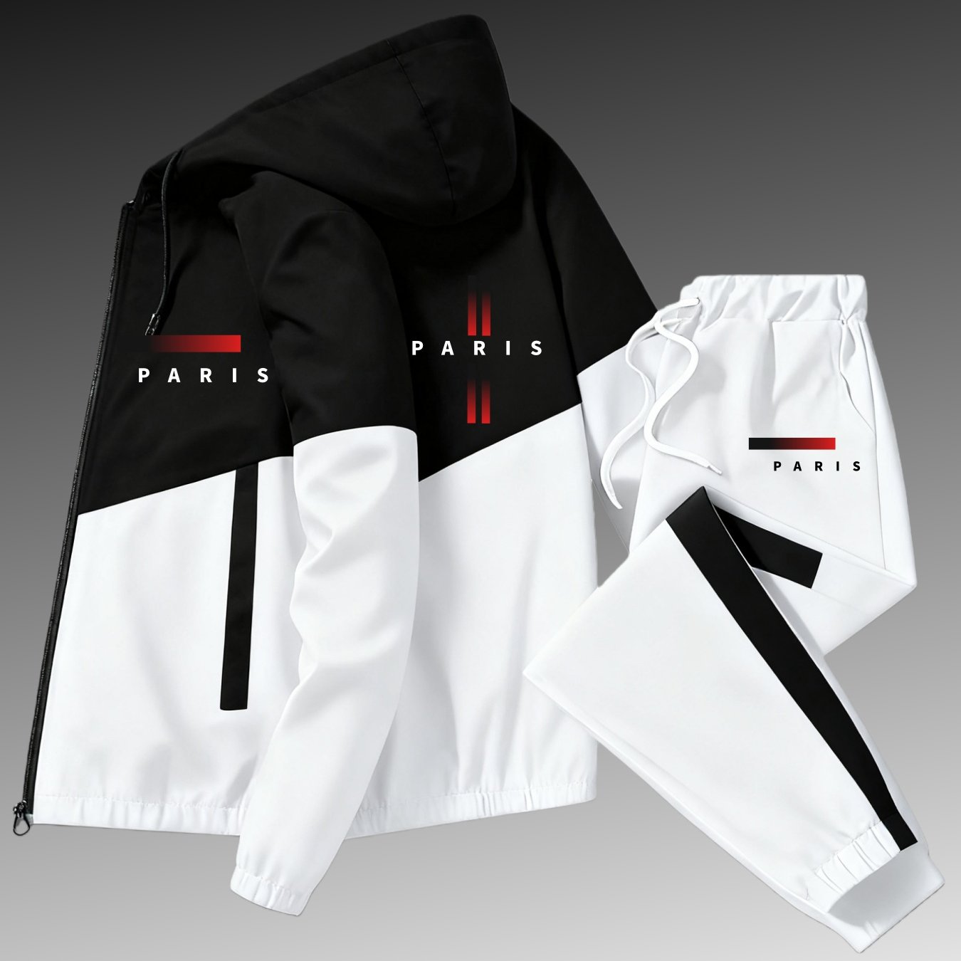 Two-piece Set New Arrival: Unisex Casual Print Windproof Zipper Jacket Set | Hooded, Regular Fit, Stretch Fabric, Perfect For Men, Suitable For Occasions, Plus Size