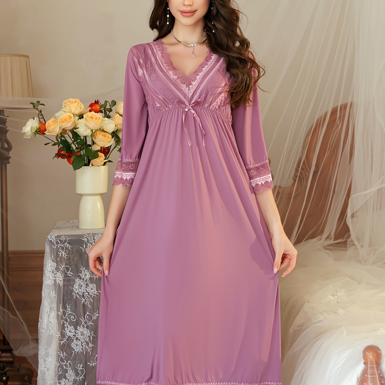 Image of Women's Autumn Nightgown With Three-quarter Sleeves, , Red Festive Year Lace Dress