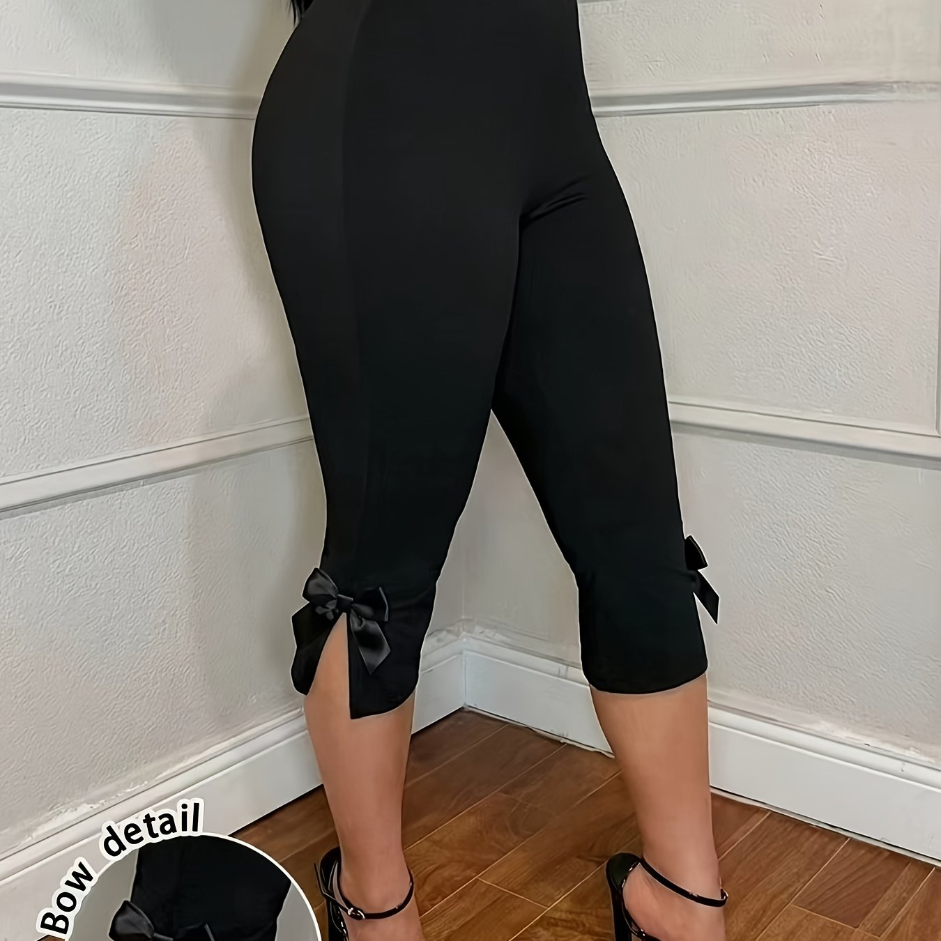TEMU Fashionable Women's High-waist Slim-fit Capri Pants With Bow Detail, Slit Hem, And Stretch Fabric