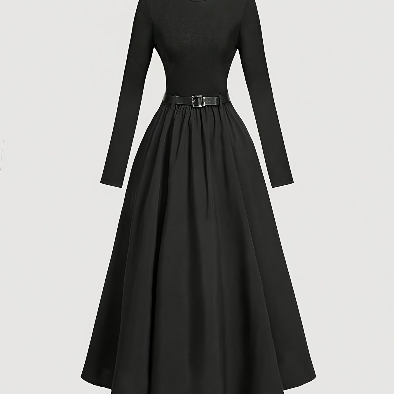 E-shop Damen Kleid in Unifarbe mit langen Ärmeln (mit Gürtel) Einfaches, vielseitiges, klassisches, elegantes Damenkleid, Slim Fit, Rundhalsausschnitt,