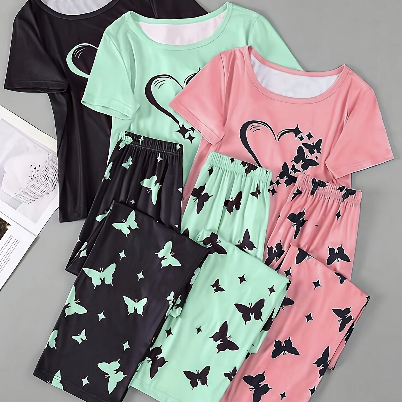 TEMU Leisure Women'-color Heart Three-piece Pajama Set
