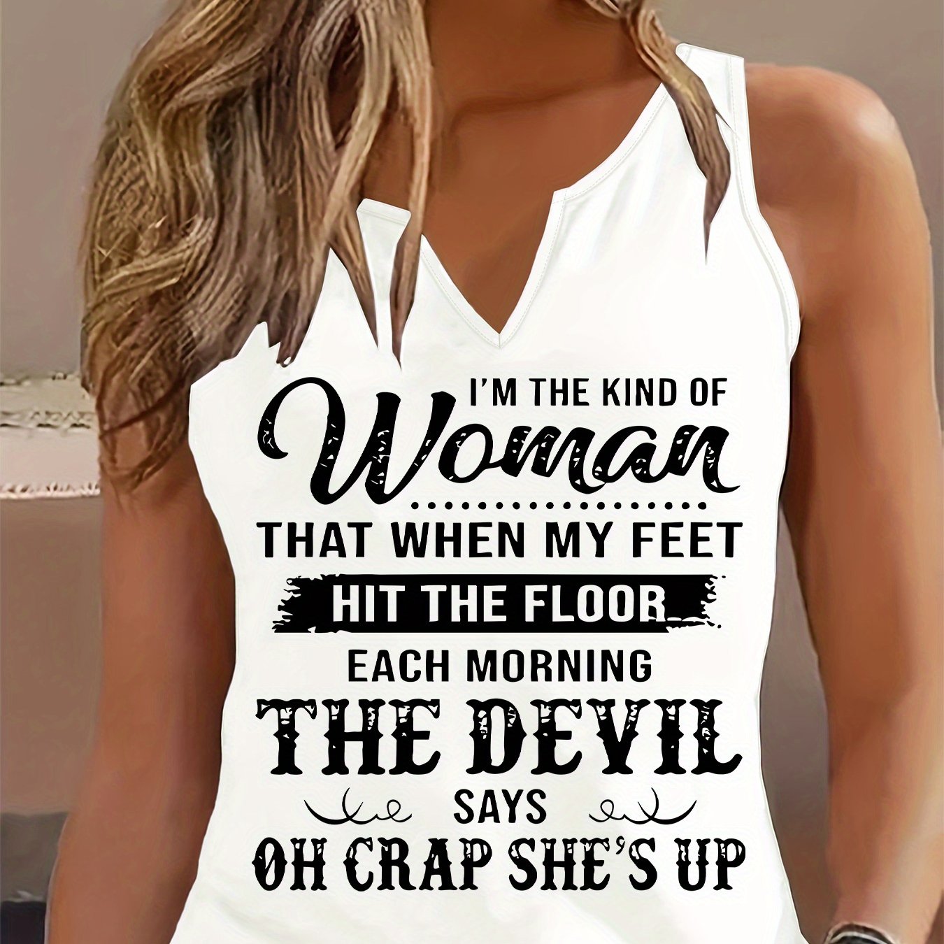 TEMU Women' V-neck Tank Top With - "i'm Of Woman That When The Devil Oh Up" - Casual Summer Sleeveless Top, Ladies Tank Tops