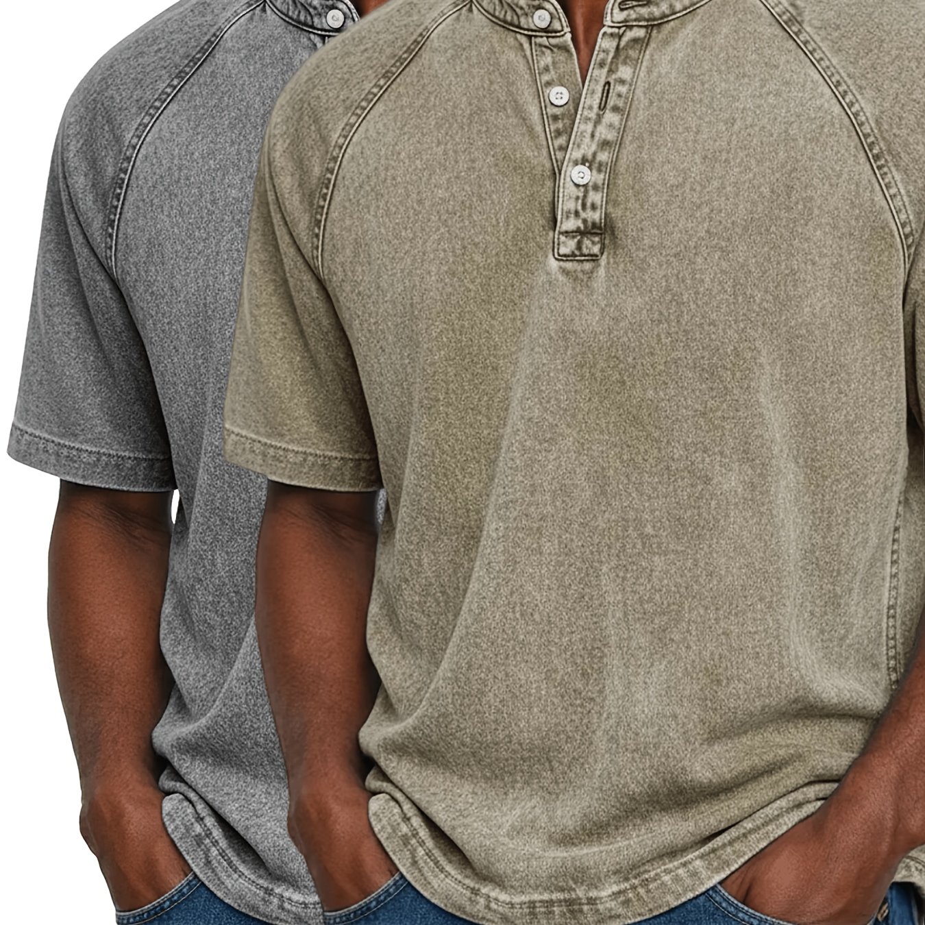 Image of 2pcs Men's 100% Washed And Distressed Retro Denim Henley Shirt Short Sleeve Stand Collar Button Casual Loose Fit T-shirt For Men, Summer Daily Wear Beach Outdoor Solid Color Pullover