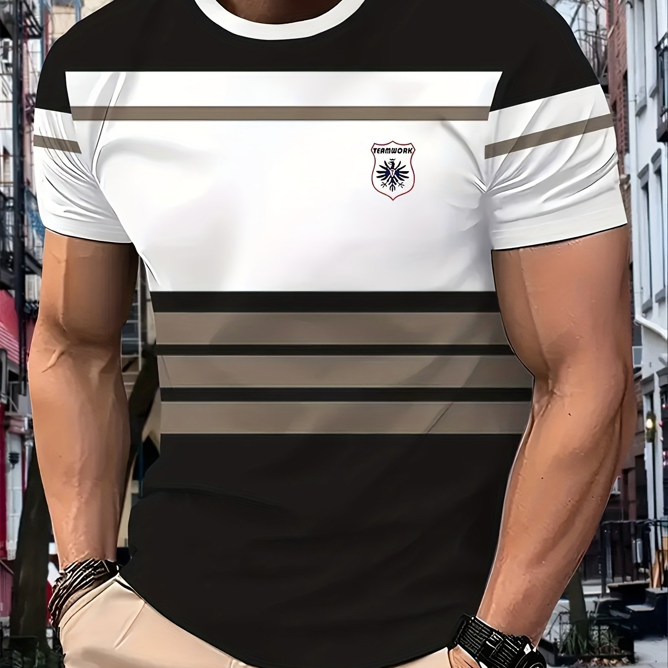 TEMU Men's Color-block Striped Short-sleeve T-shirt With Geometric Graphic Print On Chest, Summer Men's Short-sleeve Top For Outdoor, Daily, Casual,