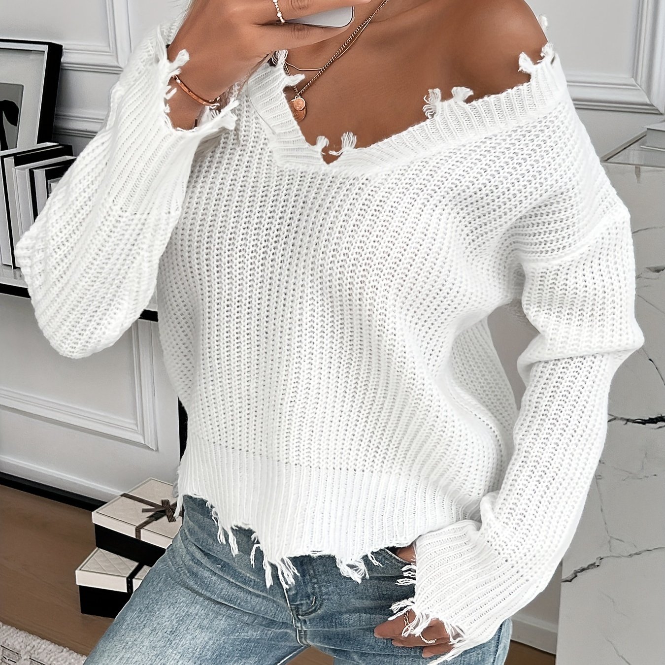 Solid -shoulder Pullover Sweater, Vintage Distressed Long-sleeve Sweater With Frayed Edges, Women's Clothing