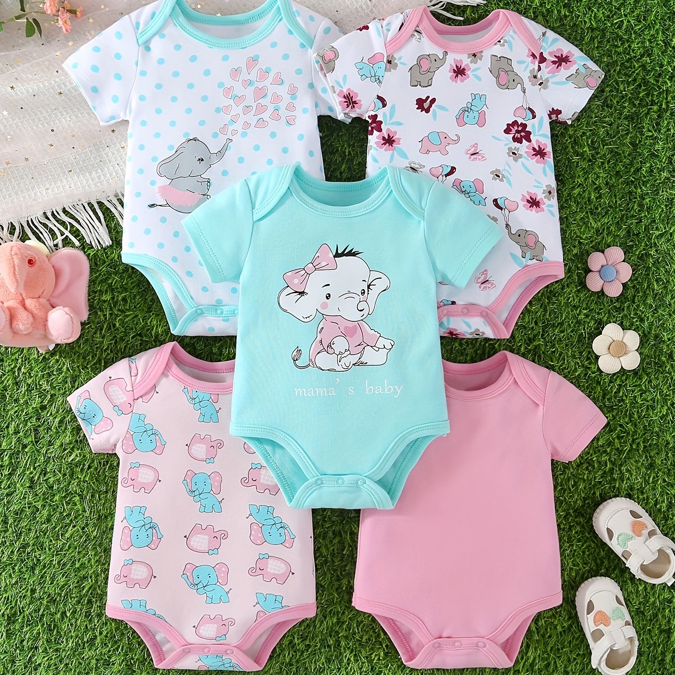 Image of Baby Girl Short-sleeved Pure Comfortable Cartoon Elephant Style Five-piece Set Onesie Triangle Romper, For Outdoor