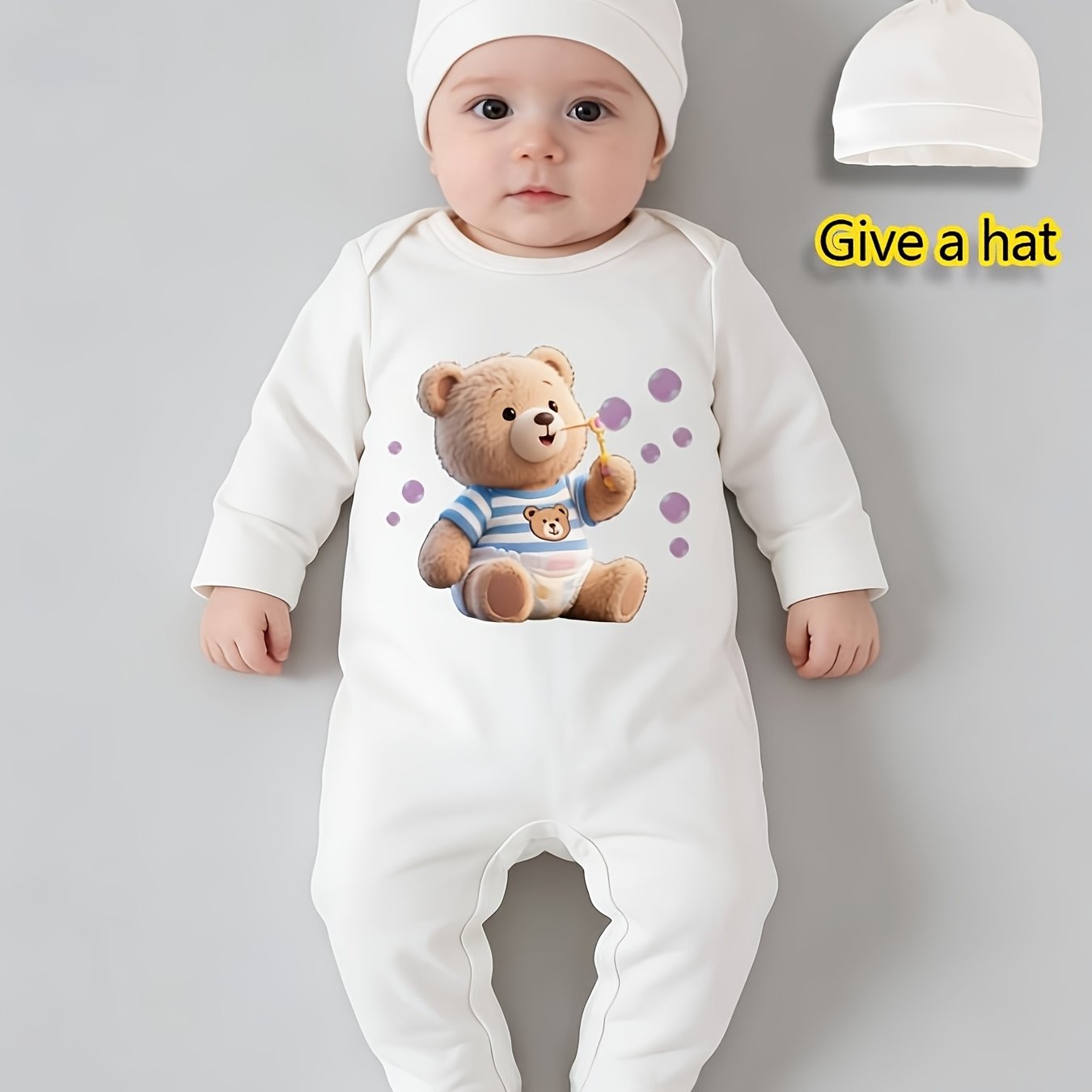 Gift Hat, Cute Teddy Bear Cartoon Print Newborn Footmuff, Baby Long-sleeved Jumpsuit For Spring And Autumn, Collar…: retailer-supplied image