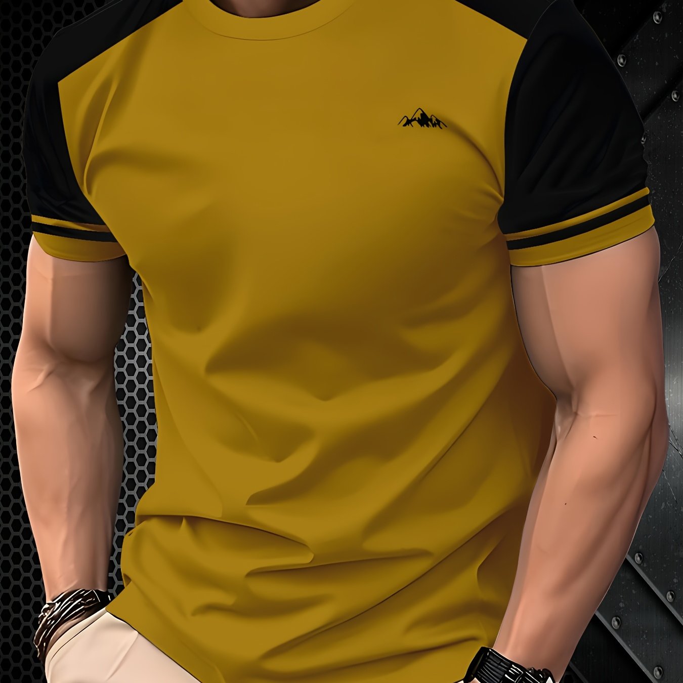 TEMU เสื้อยืดผู้ชาย Mustard & Black สีบล็อก - ผ้า 3D พิมพ์ลายระบายอากาศได้ดี, คอกลมสวมใส่สบาย, เหมาะทุกฤดู, เสื้อเทรนด์ปาร์ตี้, ผ้าทนทาน