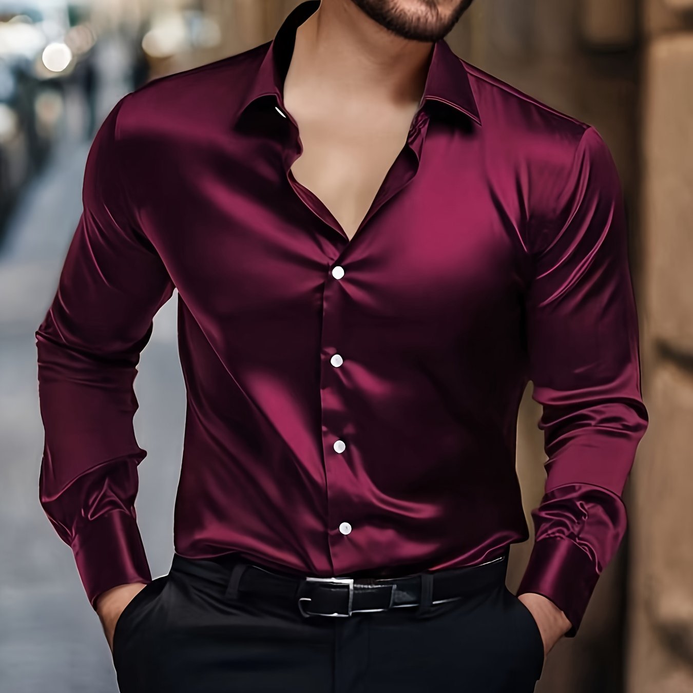 TEMU [ Obm] Men's Glossy Long Sleeve Dress Shirt, Slim Fit Business Banquet Formal Collar Button-up Shirt