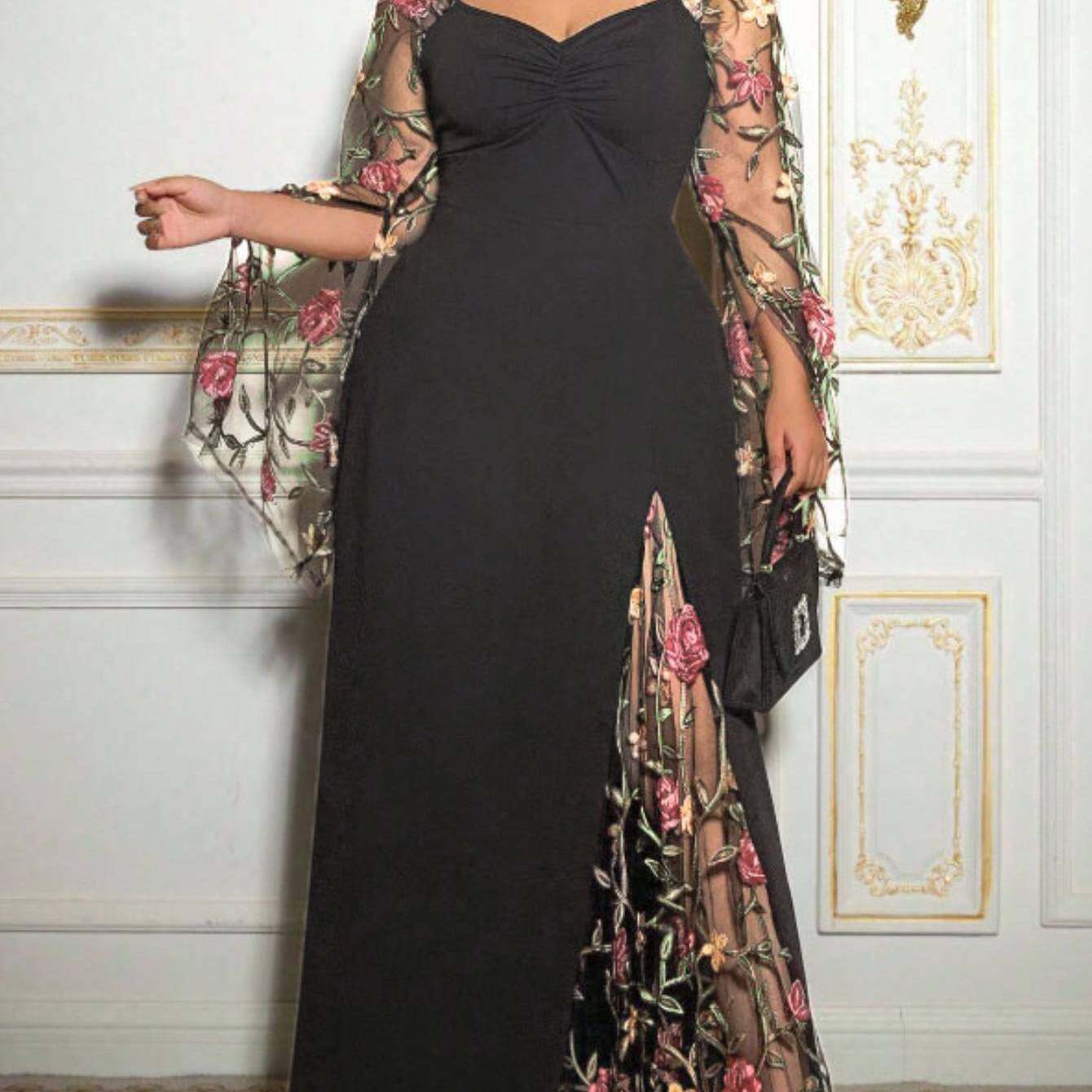 TEMU Plus Size, Plus Size Women's Floral Embroidered Mesh Flared Sleeve Slit Maxi Dress | Luxurious Elegant Style, & Stylish, Ideal For Dinners And