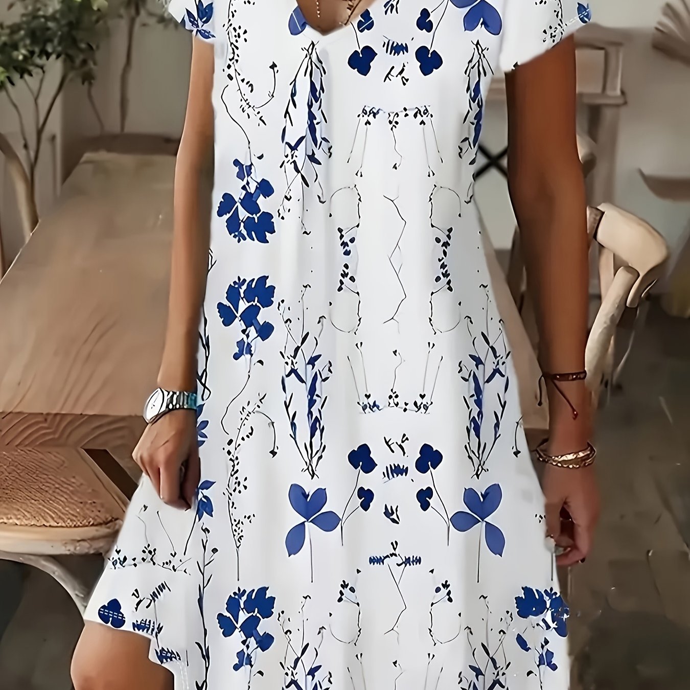 Blue Floral Short-sleeve Casual Dress