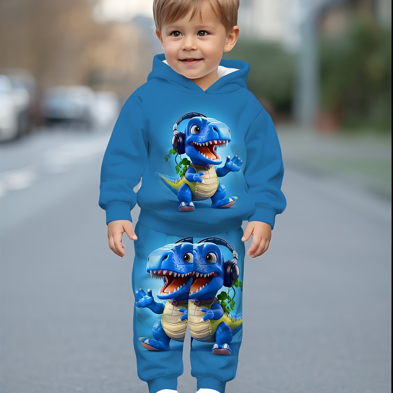 Image of Halloween Boy Hooded Sweatshirt Set, Cute Cartoon Dinosaur Print, Spring And Autumn Casual And Comfortable Set, For Outdoor