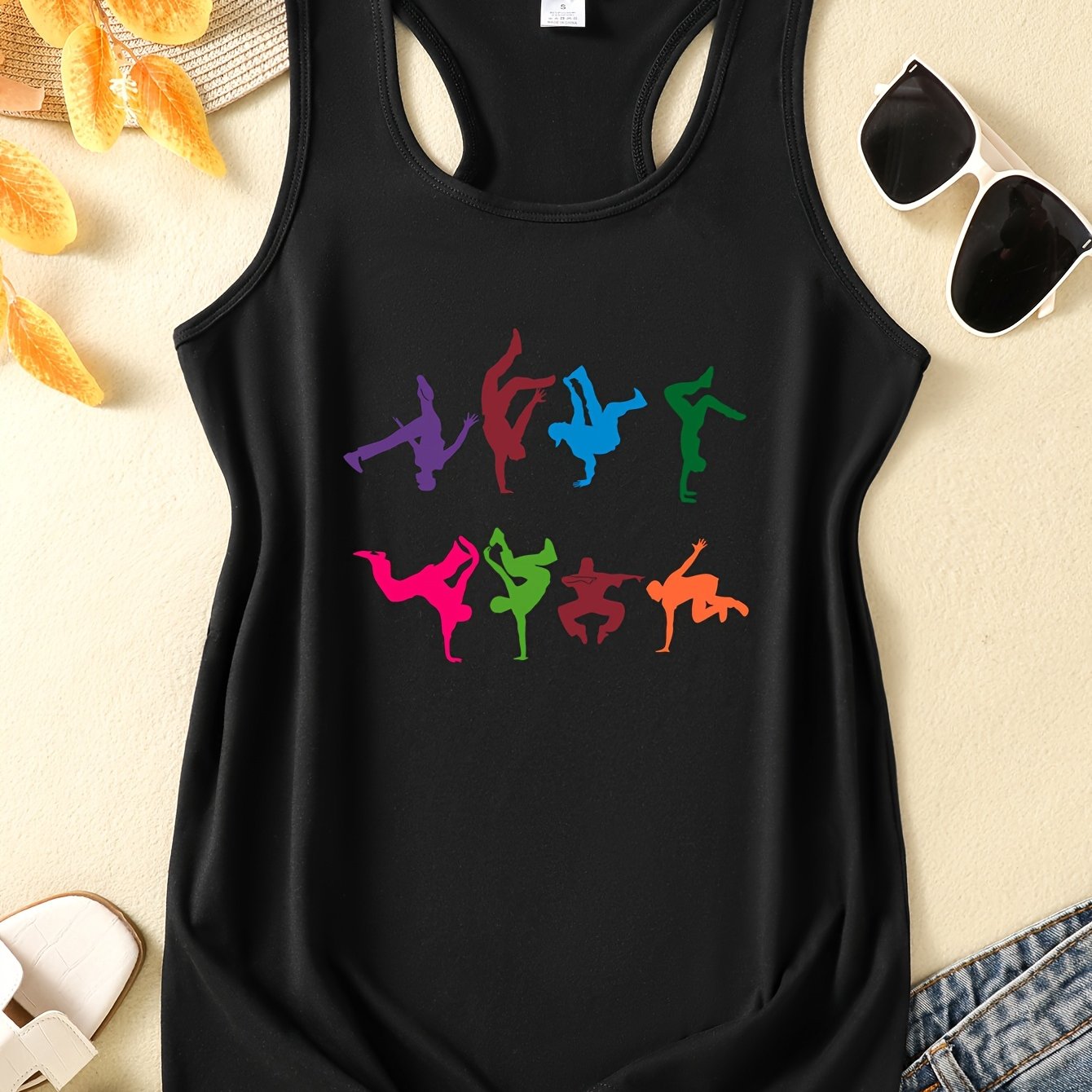 TEMU Women's Y2k Street Dance Print Tank Top - Off-shoulder Breathable Yoga Fitness Running Shirt With Colorful Geometric Dancer , High--washable