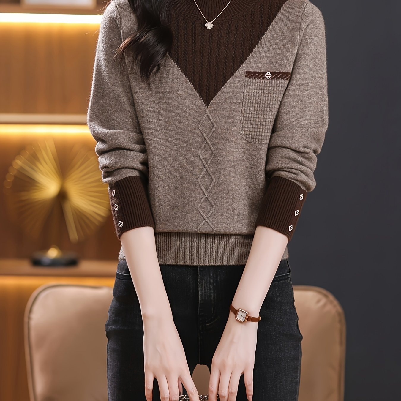 TEMU Fausse 2pcs Pull Tendance Color-Block Col Mi-Haute Femme Automne/Hiver 2026 Nouveau Style Coréen Mode Haut Décontracté