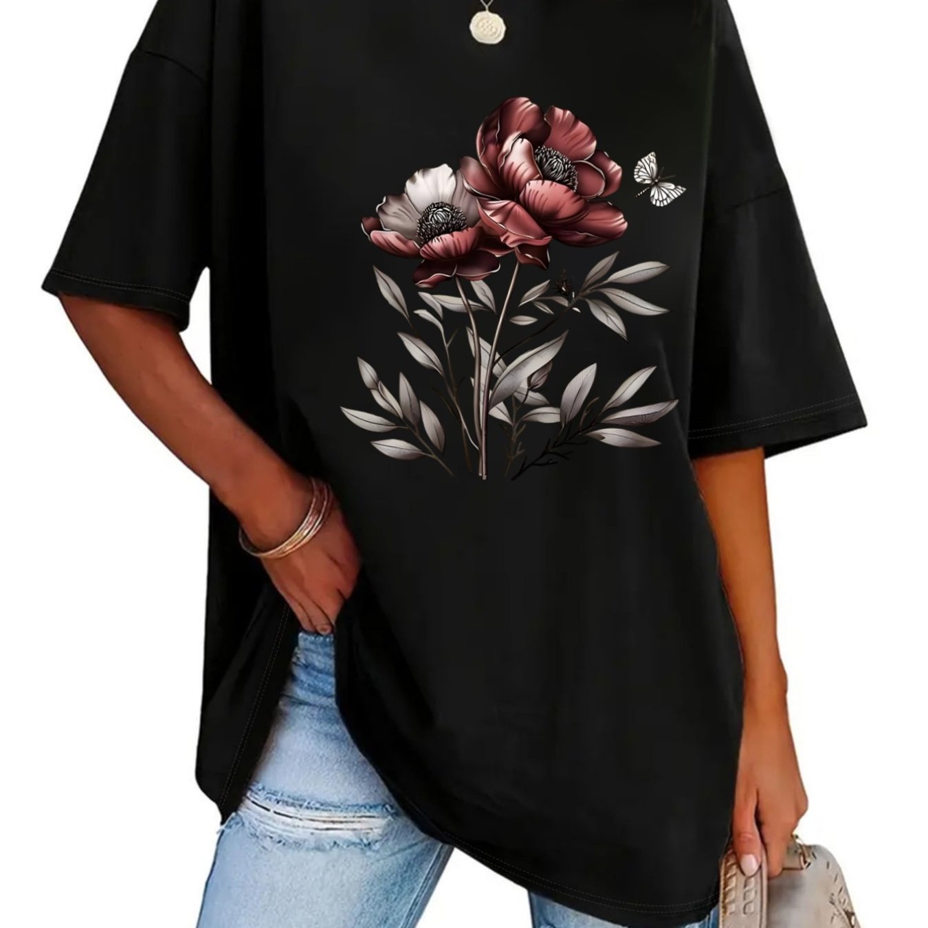 TEMU A With Pink And White Flowers And Leaves Theme Pure T-shirt Women's T-shirt High Quality T-shirt Spring Summer Casual Wear Gift For