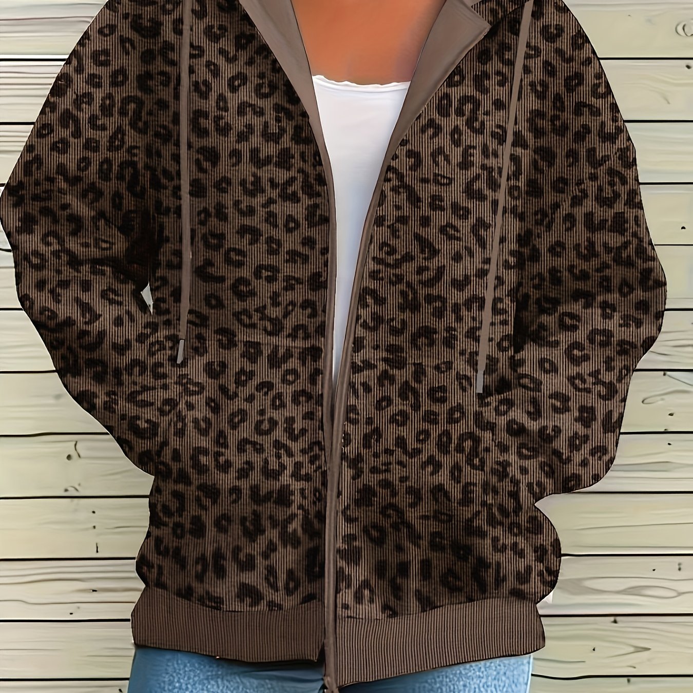 Plus Size - Plus Size - Women's Plus Size Fashionable Versatile Corduroy Leopard Print Hooded Sweatshirt Jacket