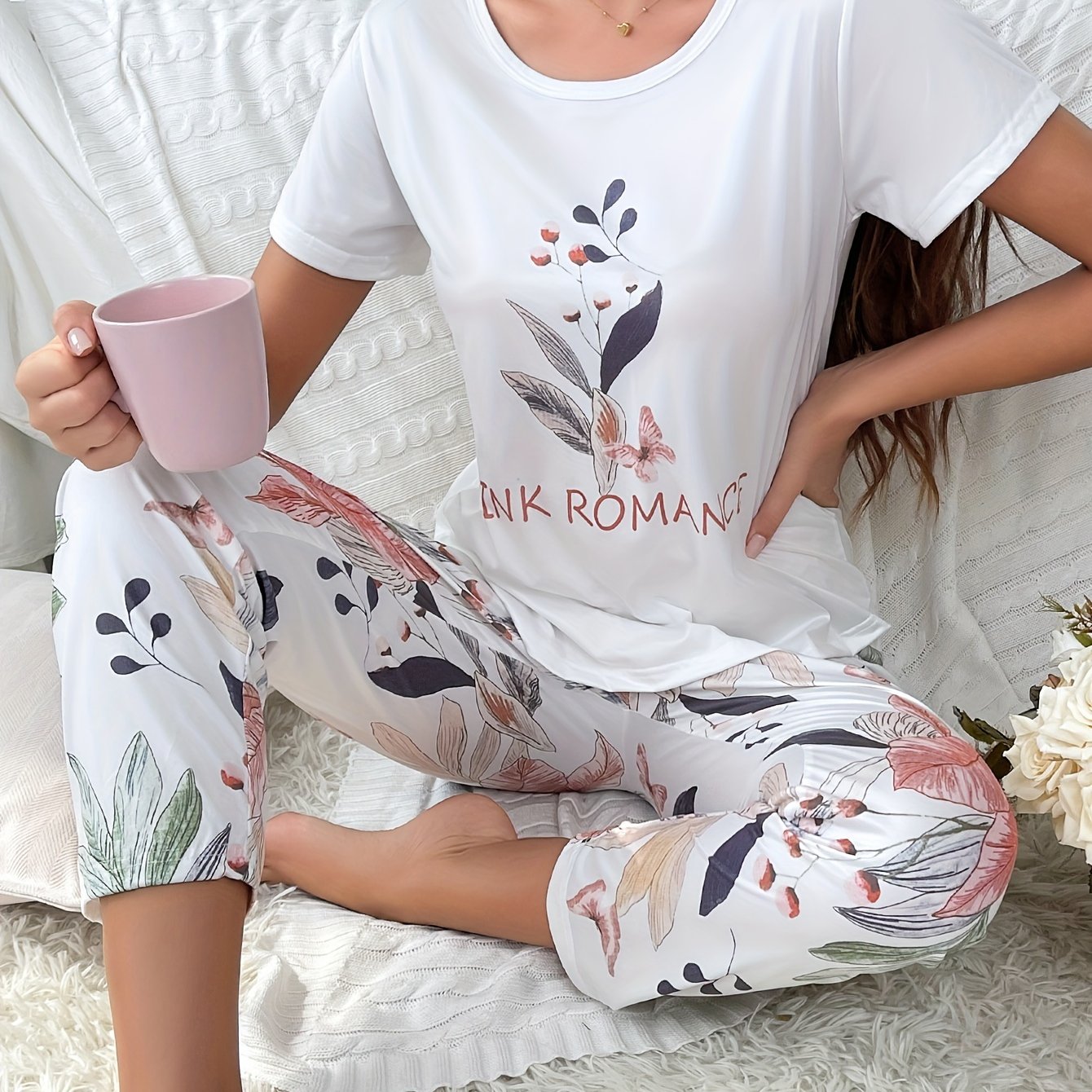 Image of Women's Pajama Set Featuring Plant And Letter Graphic T-shirt And Pants.