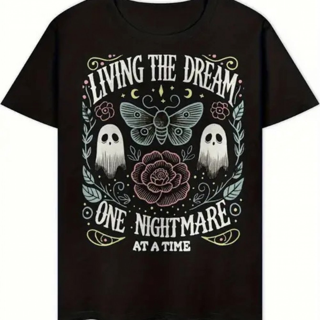 TEMU T-Shirt Gothique "Vivre , Un Cauchemar à la " - Tee Graphique Effrayant avec Papillon et Rose, et Respirant, Coupe Ample à Col Rond et Manches