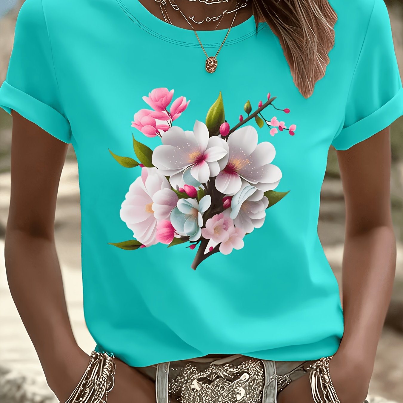 TEMU 3388# Short Sleeve New T-shirt Top Women's Summer Essential Travel Dating Gift Vacation Beach Floral Petals