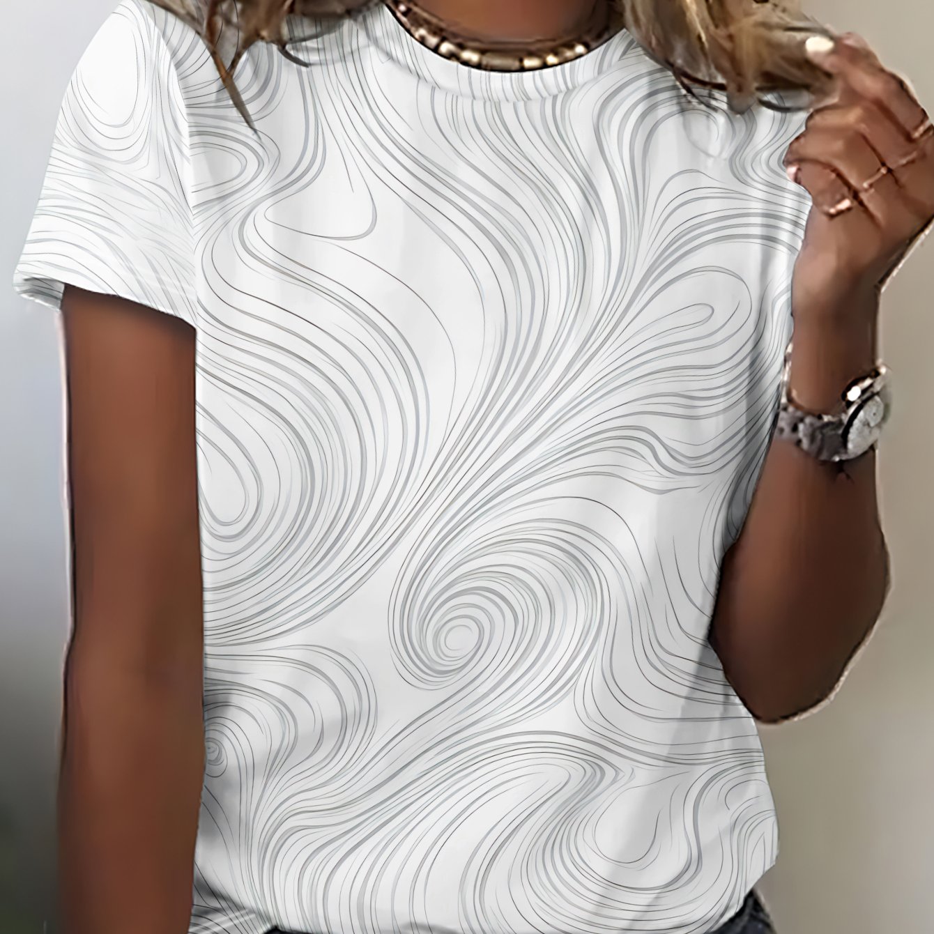 TEMU Women's Casual Short Sleeve T-shirt, White With Texture And Abstract Pattern Of Flowing , Machine Washable, Summer Fashion Top