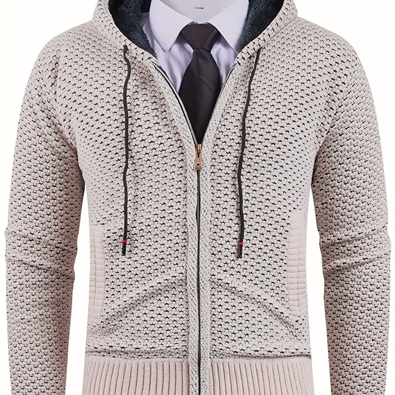 TEMU Solid Color Men's Autumn And Winter New Style Men's Coarse Yarn Knitted Long Zipper Cardigan Long Sleeved Hooded Drawstring Fashionable Casual