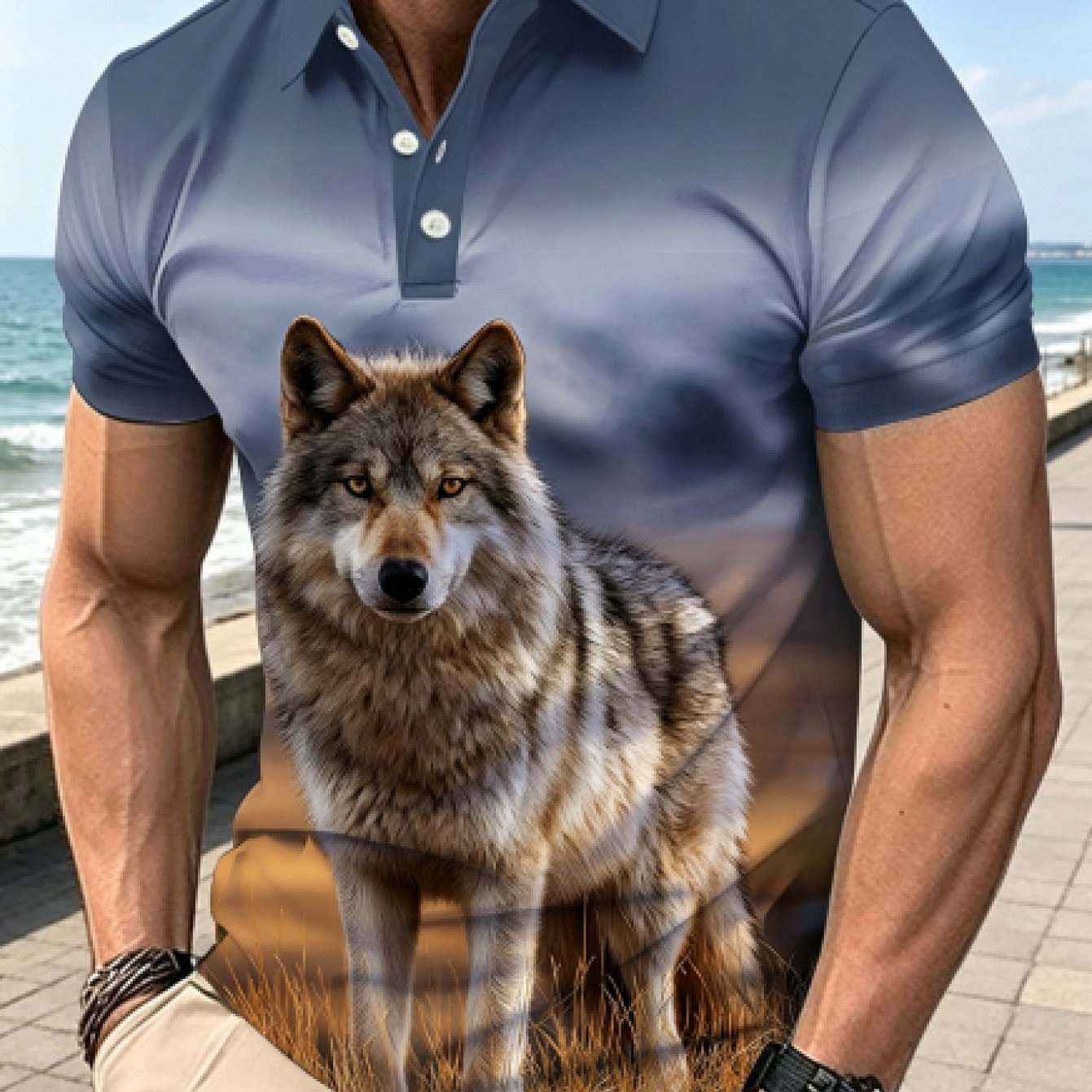 TEMU Men's Gradient Prairie Wolf Print Shirt - Button- Lapel Collar Short-sleeve T-shirt With Wolf & Suitable For For Casual & -casual Wear, Machine