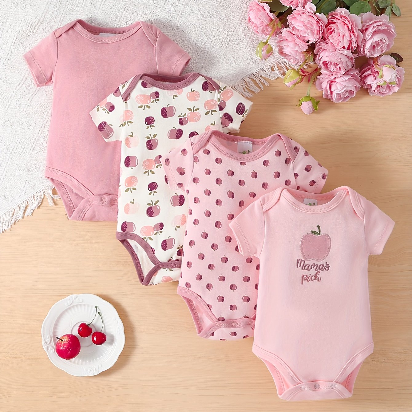 TEMU 4pcs Set Of Baby Girl Short Sleeved Jumpsuit, Flower Cute Baby Girl Hoodie, Crawling Suit, Perfect For Outdoor