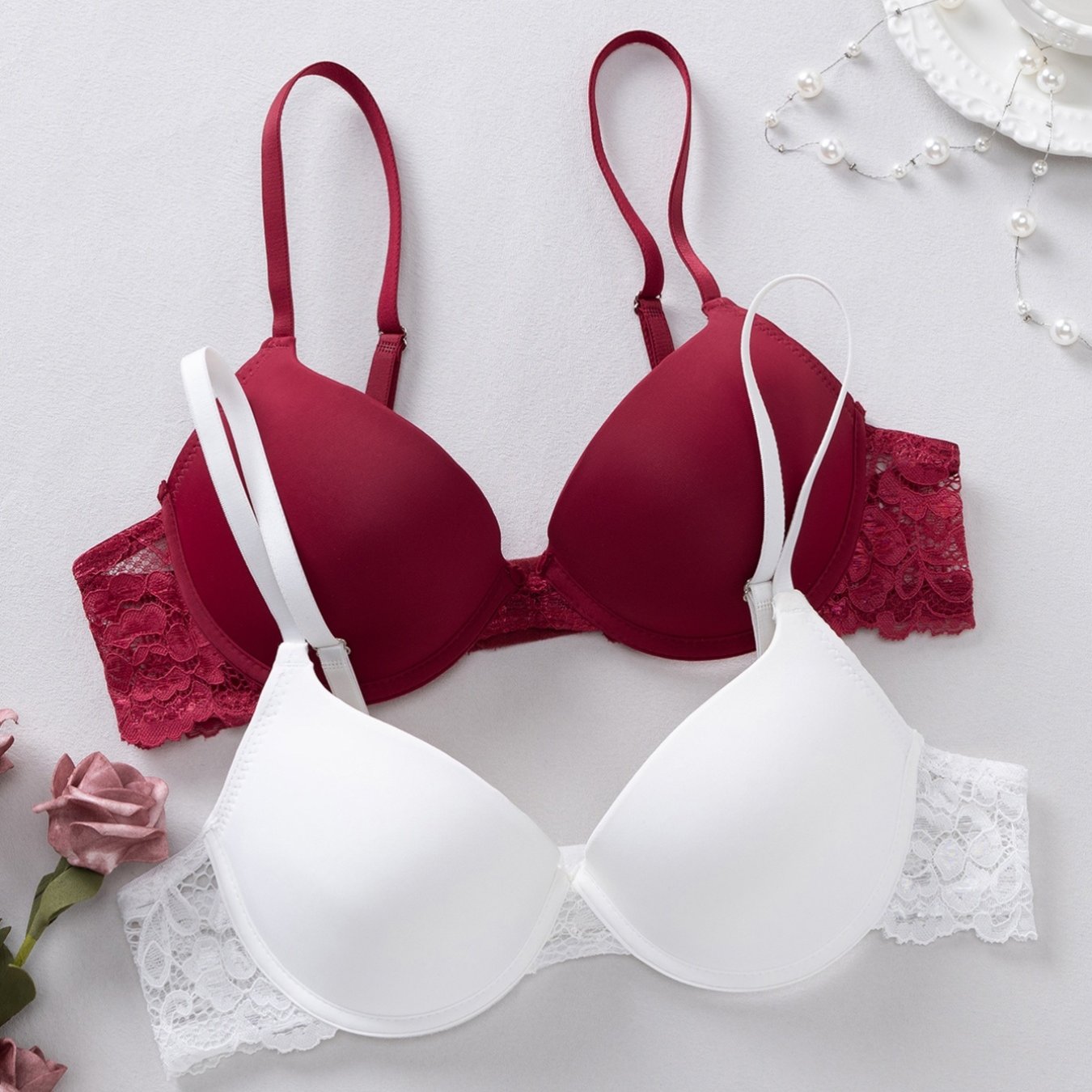 TEMU 2 Pieces Of Lace Semi-sheer Women's Sexy Lingerie With Underwire For A Beautifully Shaped Silhouette. The Bra Of 85% Nylon And 15%, And Without