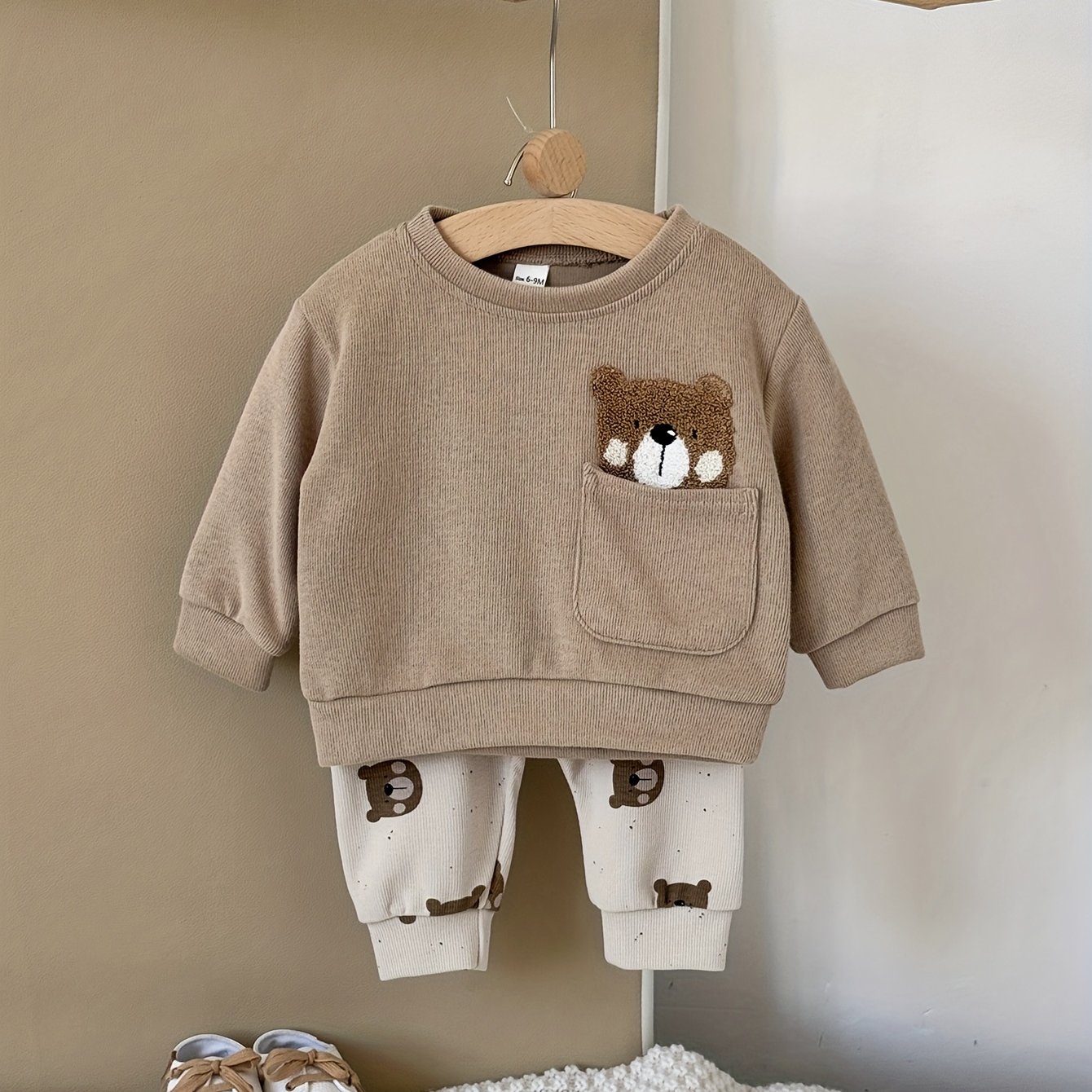 Image of 2pcs Toddler Cute Bear Embroidery Soft Comfortable Long Sleeve Sweatshirt And Bear Print Long Pants Spring/fall New (, Hat, Glasses, Or Other Additions Included), For Outdoor