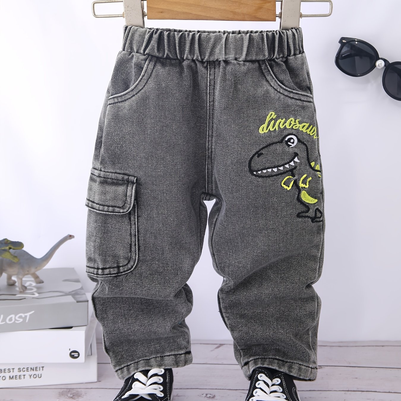 Boys' Christmas Valentine's /autumn Dinosaur Embroidered Denim Cargo Pants