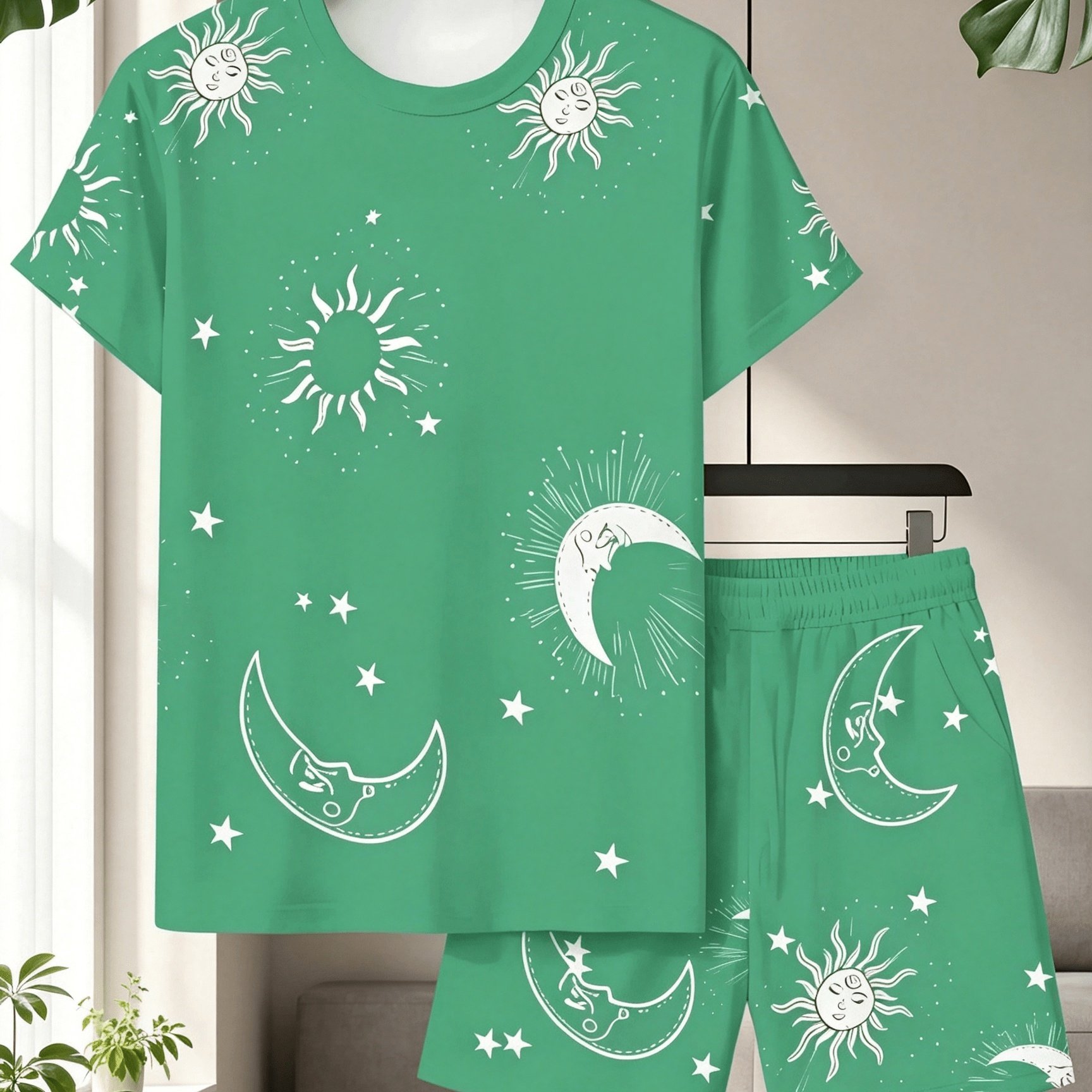 TEMU Ensemble 2 pièces pour homme "Soleil Étoiles" imprimé intégral, T-shirt à manches courtes et col rond et short élastique, tenue de pyjama d'été