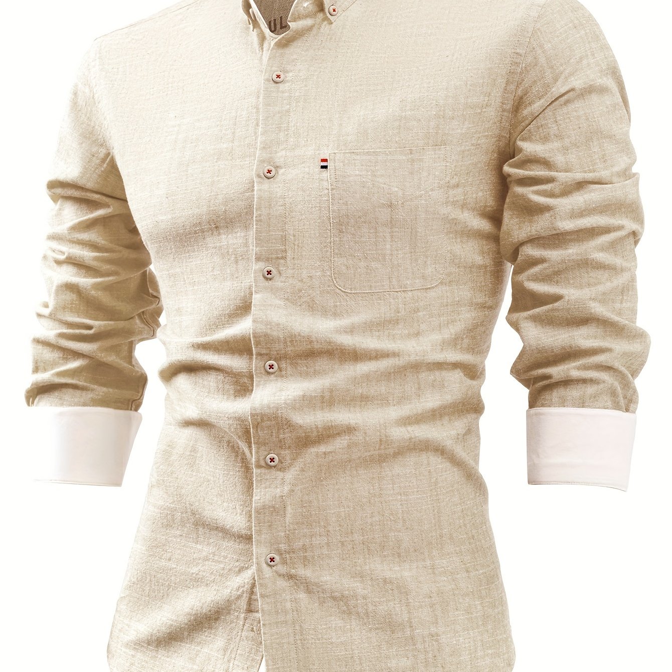Image of Linen Men's Casual Shirt Long Sleeve Linen Solid Color Breathable Fashion Blouse Retro Open Front With Pockets, Casual