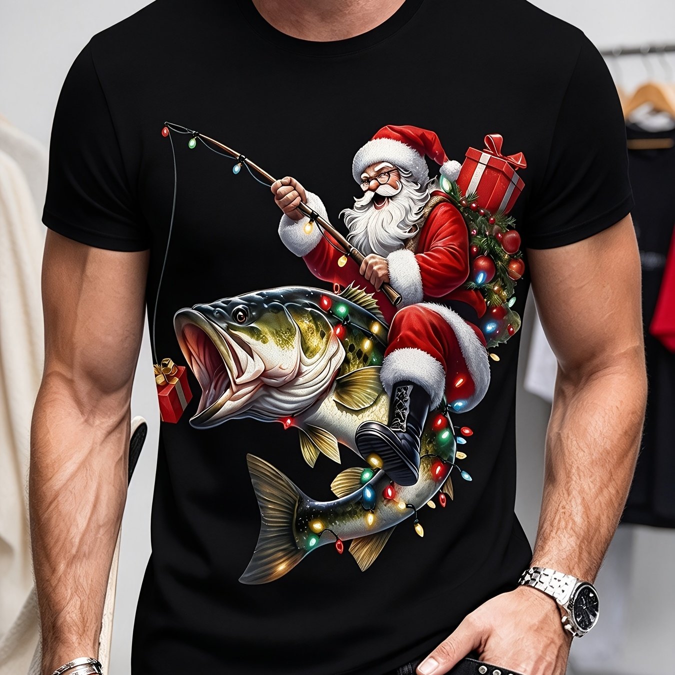 TEMU T-shirt Homme Noël, Imprimé Amusant Père Noël Pêcheur, Col Rond Manches Courtes Décontracté Été, Tissu Tricot , Taille Adulte Unisexe, Tenue de