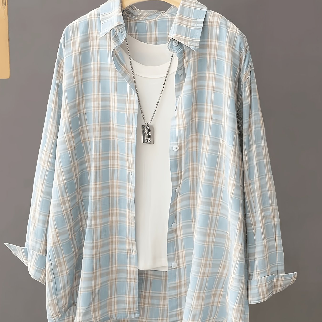 TEMU Women's Casual Plaid Long Sleeve Button-up Shirt, Regular Fit, Spring Apparel