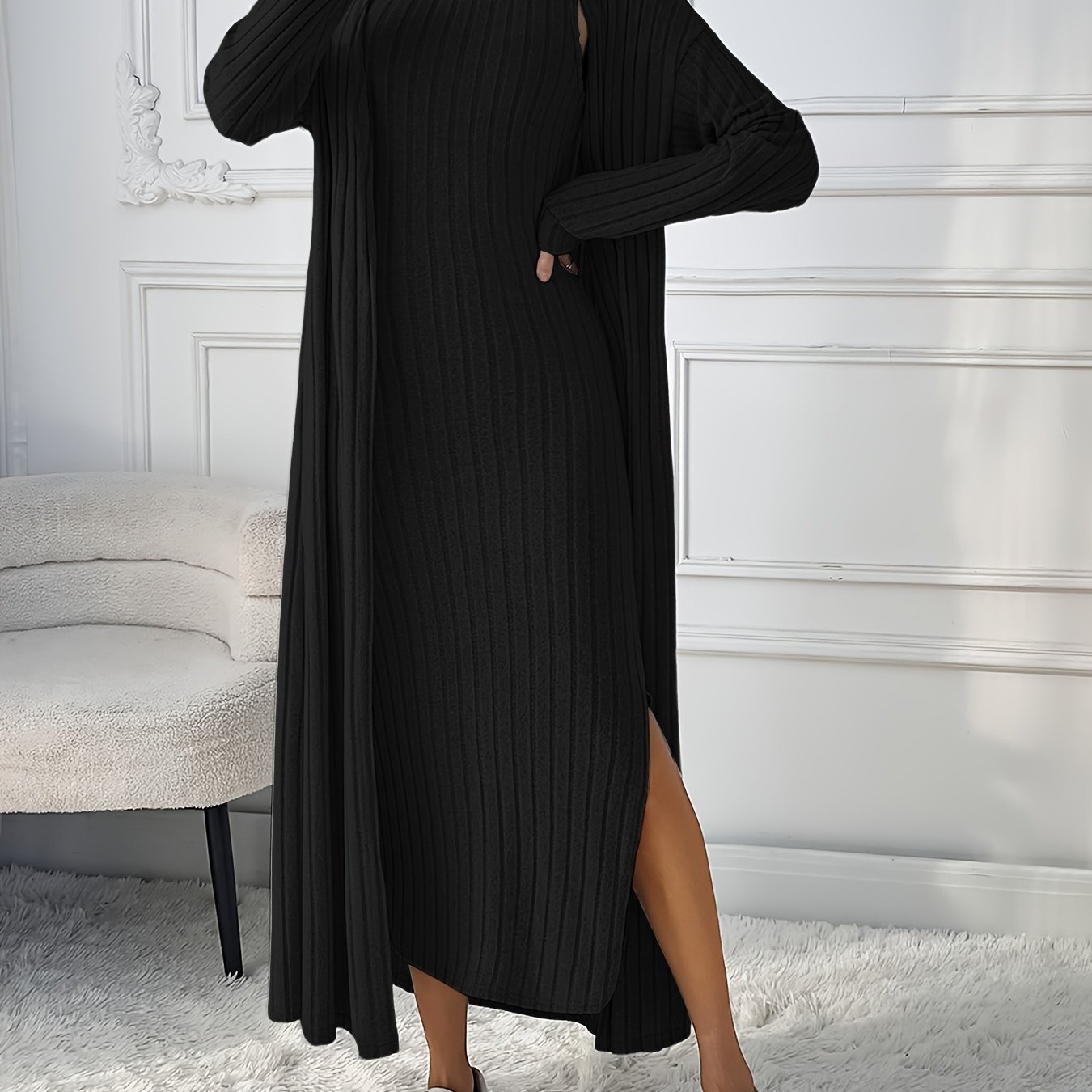 TEMU Ensemble chic cardigan tricoté à manches longues et robe manches